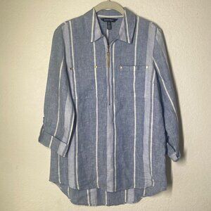 Ellen Tracy Top Womens size Large Blue & White Striped Shirt With Zipper & Pocke